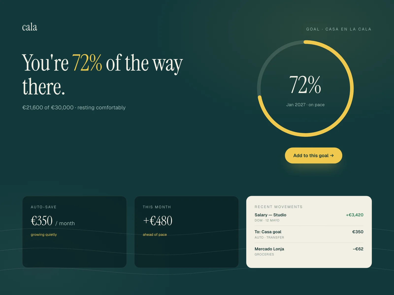 Cala goal detail: progress ring, auto-save cards and quiet transaction list