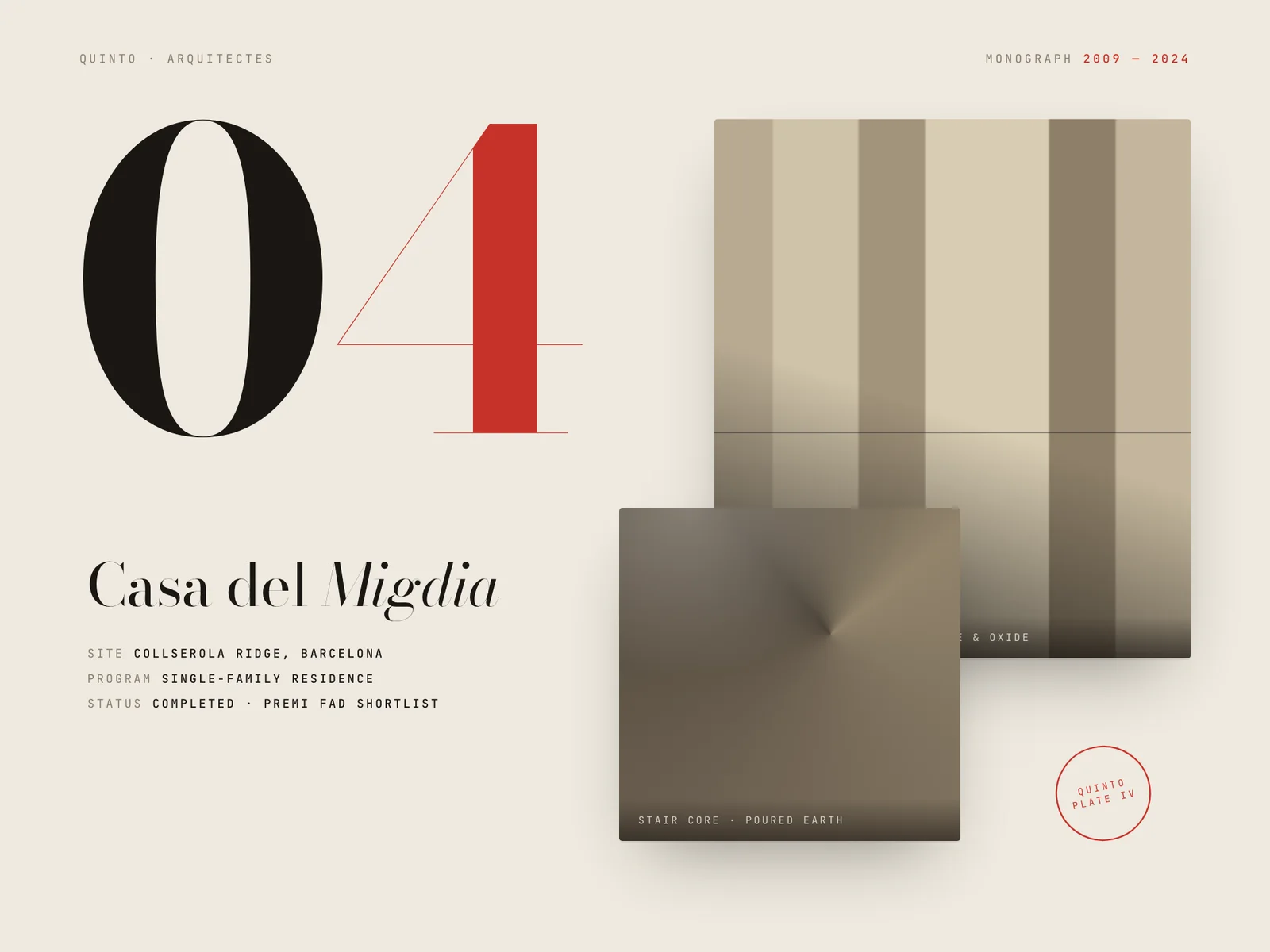 Quinto chapter spread: poster-scale Bodoni numeral, project plates and mono captions