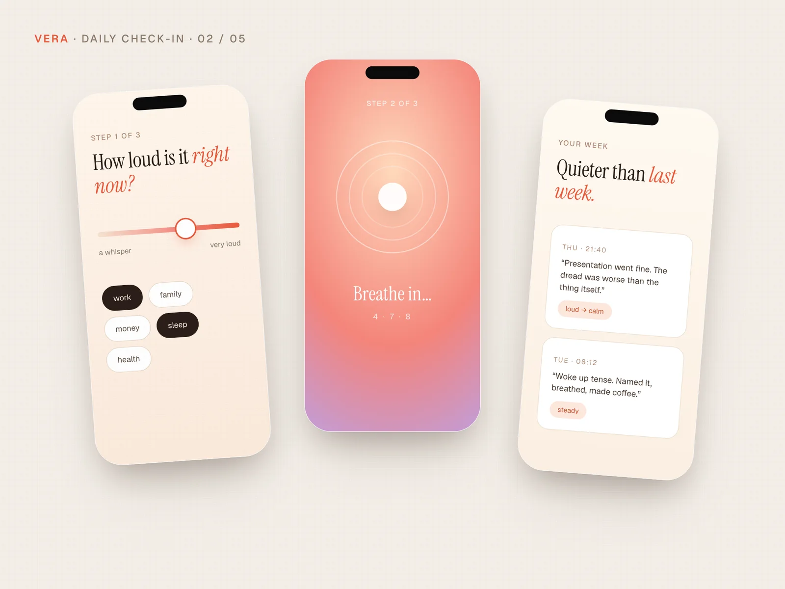 Vera daily check-in flow: intensity slider, breathing exercise and weekly reflection